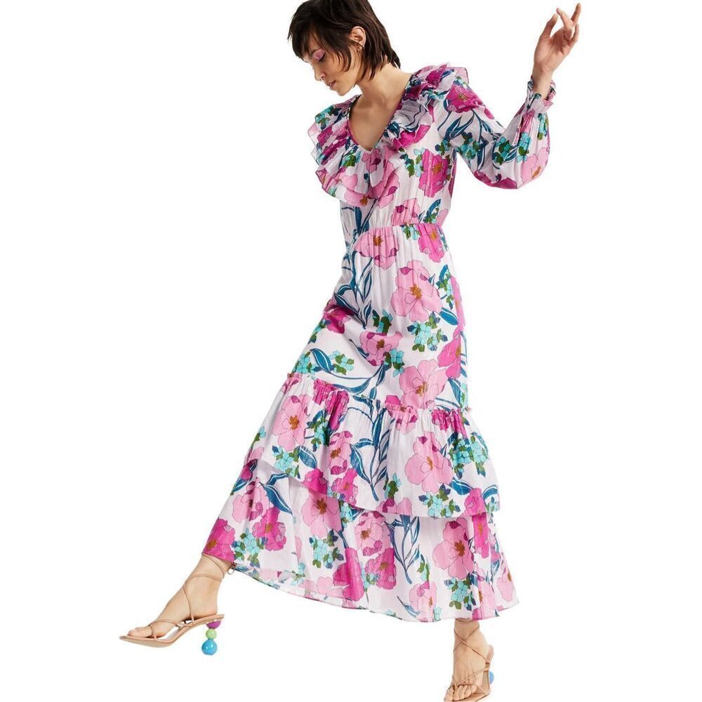 INC Floral Shine Cotton & Metallic Long Sleeve Ruffle Maxi Dress SZ XL